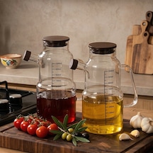 Porsima Lm-0107 Evora Kapaklı Borosilikat Cam 2li Yağlık Sirkelik Yağdanlık Seti 1000ml Şeffaf