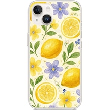 İphone 14 Plus Uyumlu Sulu Boya Limon Ve Çiçek Desenli Baskılı Silikon Kılıf Renkli