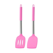 Hombey 430 Paslanmaz Çelik, Silikon Tutamak, Isı Dayanıklı, Temizlenmesi Kolay, Fritöz Ve Karıştırma Paleti İçeren 2'li Mutfak Gereçleri Seti Pembe
