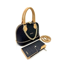 Just Polo Kadın Zincir Detaylı Lüks El & Omuz Çantası Ve Cüzdanı Kombin Shopper Ebat : 25x22 Cm Siyah - Camel