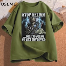Flood Of Style Komik İskelet Tshirt Pamuklu T-shirt Rahat Kısa Kollu Adam Giysileri Baskılı Kafatası Grafik Yeşil