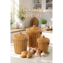 Pbt-439 3lü Hasır Sepet Kapaklı Bambu Sepet Seti Dekoratif Banyo Mutfak Düzenleyici Organizeri Genel