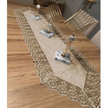 Kadife Dantel Detaylı Krem Runner 140x40cm Kahve Renkli