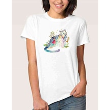 Watercolor Cat Kadın Beyaz Tshirt (534311992)