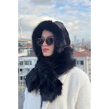 Mollycrush Peluş Boyun Bağlamalı Şapka Bere Suni Kürklü Siyah Özel Tasarım Atkılı Kadın Şapkası Siyah