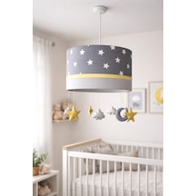 Gri Yıldızlı Sarı Bebek Odası Avizesi El Yapımı Çocuk Sarkıt Aydınlatma 30x20 Cm Sarıgri