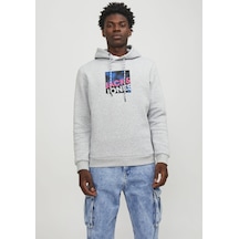 Jack & Jones Logo Baskılı Kapüşonlu Sweatshirt - Logan 12246994 Light Grey Melange Gri