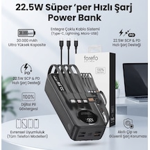 30.000 Mah 22.5w Hızlı Şarj Powerbank Taşınabilir Şarj Cihazı Dijital Göstergeli Dahili Çoklu Kablolu Powerbank Siyah