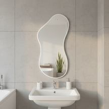 60x108 Cm Modern Organik Şekilli Dekoratif Banyo Aynası Beyaz Çerçeveli Düzensiz Tasarım Ayna Minimalist & Japandi Duvar Aynası Beyaz