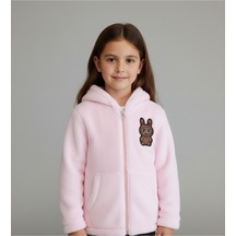 Labubu Nakışlı Pelüş Kapüşonlu Kız Çocuk Hırka Pembe