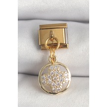 316l Çelik Gold Renk Sallantı Zirkon Taşlı Yonca Model Nomination Charm 5886 Çok Renkli