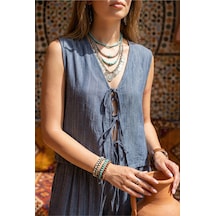 Fashion Cocktail 3 Bağlamalı Fiyonklu Çizgi Dokulu Relax Viskon Nefes Alan İnce Yazlık Tatil Yelek Pantolon Takım Mavi