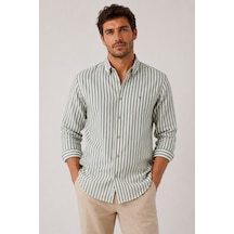 Slim Fit Uzun Kol Çizgili Yaka Düğmeli Keten Likra Hediye Kutulu Erkek Gömlek Fs-004580 - Yeşil-3331