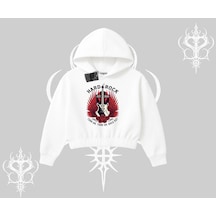 Kapşonlu Crop Sweatshirt Hard Rock Winged Guitar Rebellion Beyaz