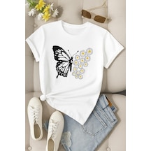 Papatyalı Kelebek Baskılı Unisex Tişört BEYAZ Papatyalı Kelebek Baskılı Unisex Tişört BEYAZ