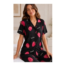 Angbutik Siyah Çilek Desenli Kısa Kollu Gömlek Yaka Milan Kumaş Kadın Pijama Takımı Tm1492