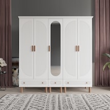 Beenal Furkan 5 Kapaklı Gardırop, Çekmeceli Dolap 200cm Beyaz-Beyaz