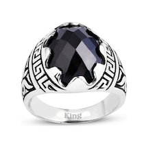 Kuyumcudukkani Fasetli Oval Kubbe Kesim Taşlı Gümüş Erkek Yüzük-60003-w-fblk 30 Beyaz