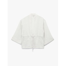 Koton Uzun Kollu Cepli Beli Bağcık Detaylı Kruvaze Kimono Gri 5sak50021pw Gümüş Rengi