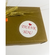 Thank You Kırmızı Yazılı Üstü Kalpli Yuvarlak Yapışkanlı Etiket 5x5 Cm 100 Adet