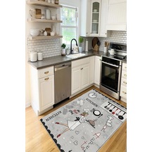 Mutfak Temalı Kitchen Yazılı Baskılı Kaymaz Yıkanabilir Mutfak Halısı Yolluk gri