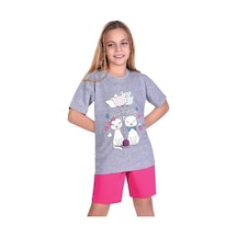 Kedili Kısa Kollu Kız Çocuk Pijama Takım Gri