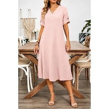 Butik İstanbul Kadın Kısa Kollu V Yakalı Bürümcük Midi Elbise Pembe