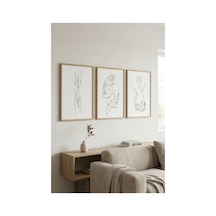 Doğal Ahşap Çerçeveli Minimalist Çizgi Sanatı 3 Lü Set Soyut Figür Duvar Tablosu Ahşap