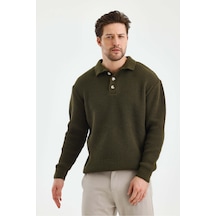 Cool Tarz Erkek Düğmeli Regular Polo Yaka Triko Kazak Haki Haki