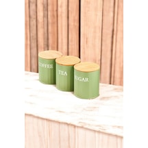 3 Lü Ahşap Kapaklı Metal Saklama Kutusu Çay Kahve Şeker Kavanoz Saklama Kabı Yeşil