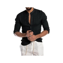 Siyah Erkek Pamuklu Keten Uzun Kollu Henley Gömlek Rahat Bol Düğmeli Üstler Tişört Siyah Siyah Erkek Pamuklu Keten Uzun Kollu Henley Gömlek Rahat Bol Düğmeli Üstler Tişört Siyah
