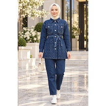 Hb Harma Time Butik Kadın Taş Detaylı Tunik Pantolon İkili Koyu Mavi Kot Takım Koyu Mavi Koyu Mavi