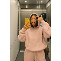 Benroma 3 İplik Penye Kapüşonlu Oversize Sweat Pembe