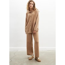 Peraluna Denise Cardigan Polo Yaka Geniş Kesim Pamuk - Yün Kadın Triko Hırka - Camel