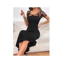 Butik İstanbul Kadın Kısa Kollu Yakası Açık Dantel Detaylı Fırfırlı Asimetrik Janjan Krep Elbise Siyah