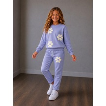 Papatya Desenli Kız Çocuk Sweatshirt Ve Eşofman Altı 2'li Takım 2iplik Süper Kalite Mor - Lila