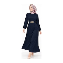 Hira Life Fashion Kadın Gold Zincir Kemer Detaylı Bisiklet Yaka Ve Tesettür Giyim Burgu Elbise Lacivert Lacivert