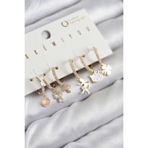 Pirinç Zirkon Taşlı Hello Kity Ve Yonca Model Gold Renk 6'lı Küpe Set Renkli