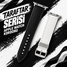 Goldoni Apple Watch Uyumlu Siyah Beyaz Hakiki Deri Taraftar Kordonu Metal Köprülü