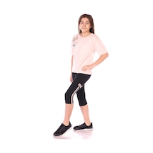 Toontoy Kız Çocuk 2'li Takım Baskılı Bisiklet Yaka T-shirt & Beli Lastikli Crop Tayt Pudra