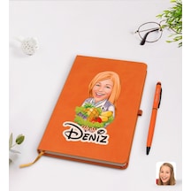 Kişiye Özel Kadın Diyetisyen Karikatürlü Turuncu Termo Deri Defte