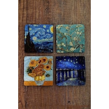 Doğal Taş Bardak Altlığı Vincent Van Gogh Eserleri Baskılı 4'lü Set - Stone Coasters Çok Renkli