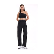 Winmoda34 Kadın Keten Palazzo Pantolon Önü Dikişli siyah