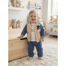 Efemkids N Nakışlı Erkek Takım 6 Ay,12 Ay,18 Ay,2y Erkek Bebek Takım 3'lü Baskılı Mont+basklı Uzun Kollu Body+ Pijama Yenidoğan Bebek Takım Turkuaz
