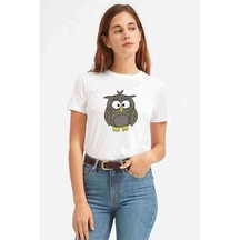 Owl Baykuş Baskılı Beyaz Kadın Tshirt