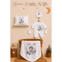 Pia Baby Kişiye Özel Erkek Bebek Hastane Çıkışı Tulum Seti %100 Pamuk İsimli Yastık Kılıfı Ve Battaniye 1028tyb0x Ekru