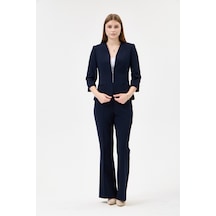 Velnara Moda Lacivert Zamansız Klasik Kadın Takım Elbise-v Yaka Ceket & İspanyol Paça Pantolon Lacivert - 927041557 Lacivert