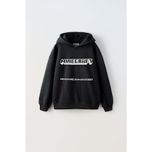 Erkek Çocuk Mınecraft Modelli Pamuk Kapşonlu Sweat Siyah