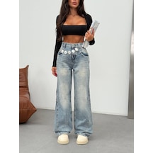 Herton Kadın Mavi Yüksek Bel Wide Leg %100 Pamuk Jean Pantolon - Vintage Bol Paça Denim Mavi