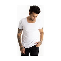 Deepsea Erkek Beyaz Geniş Yaka Likralı Tişört Oval Yaka Slim Fit Eteği Oval Açık Yaka T-shirt 1801199 Beyaz